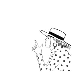 chica apuntando con el dedo, chica con sombrero, mujer femenina con lunares. Ilustración en blanco y negro.