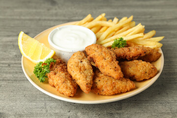 Concept of tasty food with Chicken strips, close up