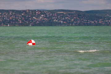 Red and white buoy on Balaton Lake, Siofok, Hungary