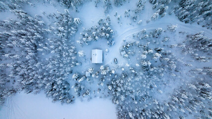 cabin in middle of snowy trees, in cloudy Lapland 01
