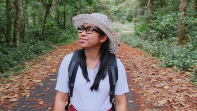 Female travelers enjoy the beauty of nature looking at the lush trees in the tropical forest. Hipster woman with a backpack walking on a road in the middle of nature.