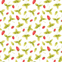 Hand drawn watercolor strawberry seamless pattern on white background. Fresh summer berries with leaves and flowers wallpaper