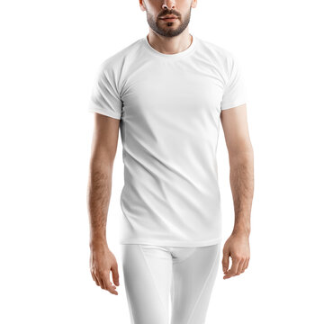 Mockup of white  compression pants and  t-shirt on a sporty man with a beard, for design, pattern, front.