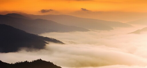 foggy summer scenery, awesome evening landscape, beautiful nature background in the mountains