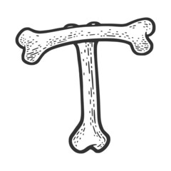 letter T made of bones sketch engraving vector illustration. Bones font. T-shirt apparel print design. Scratch board imitation. Black and white hand drawn image.