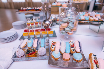 Candy bar with sweets. Cake, cookies, muffins, fresh berries for a birthday celebration. candy bar.
