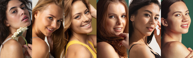 Collage. Portraits of beautiful young women smiling, posing, looking at camera
