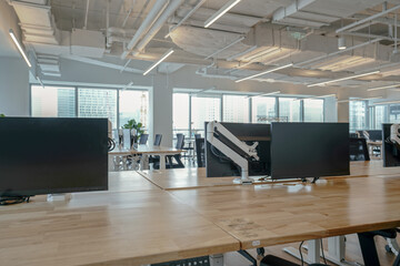 Interior of modern empty office building.Open ceiling design.
