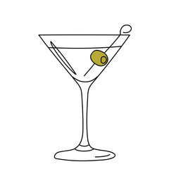 Glass of martini with olive in doodle style. Vector illustration.