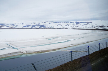 Breathtaking scenic landscape glacier mountain range view with on ice field summit in Seydisfjordur...