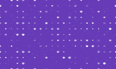 Seamless background pattern of evenly spaced white pot symbols of different sizes and opacity. Vector illustration on deep purple background with stars