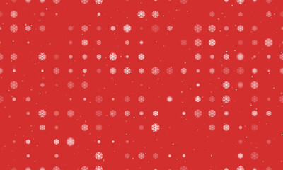 Seamless background pattern of evenly spaced white snowflake symbols of different sizes and opacity. Vector illustration on red background with stars