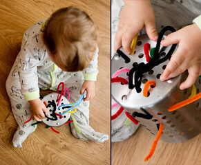 Little baby boy playing. Develops fine motor skills of hands.