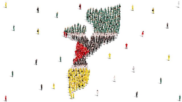 Mozambique Map and Flag. A large group of people in the Mozambique flag color form to create the map. 4K Animation Video.