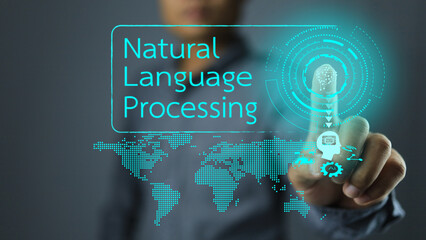Hands are pressing brain virtual screens to enable natural language processing or NLP to connect to...