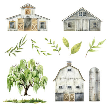 Hand painted watercolor illustration Farmhouse, rural landscape, Willow tree clipart