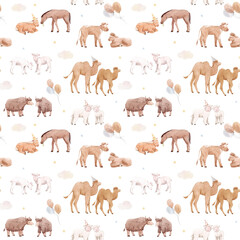 Beautiful seamless pattern with cute watercolor hand drawn wild animals. Horse camel cow yak families. Stock illustration.