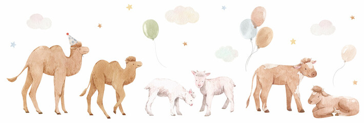 Beautiful stock illustration with set of cute watercolor hand drawn animals at the birthaday party.