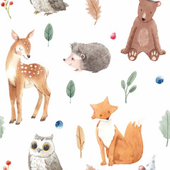 Fototapety  Beautiful seamless pattern with cute watercolor hand drawn wild forest animals deer hedgehog fox owl bear. Stock illustration.