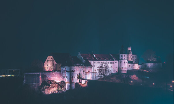 Beautiful view of the Hellenstein Castle at night in Germany