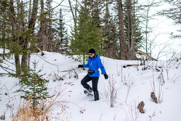 A young woman on snow shoes hiking in the boreal forest.  Shot in the Ottawa Valley, Eastern Ontario, Canada.