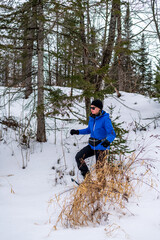 A young woman on snow shoes hiking in the boreal forest.  Shot in the Ottawa Valley, Eastern Ontario, Canada. Verticle.
