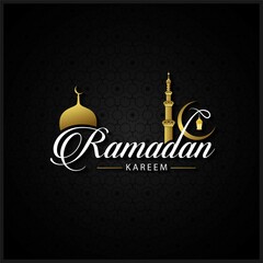 Ramadan English Calligraphy Golden Text Logo with Moon, Dome, Lantern and Minar