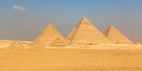 Three pyramids of the great Pyramid complex of Giza. Cairo, Egypt