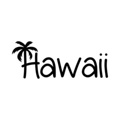 Obraz premium Hawaii Beach. Destino de vacaciones. Banner con texto Hawaii con letra con forma de silueta de palmera en color negro