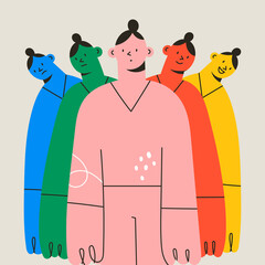 Differences of the mood. Various emotions and facial expressions of one woman. Mental mind, split personality, bipolar disorder, mood swings concept. Hand drawn colorful square Vector illustration