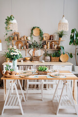 kitchen interior in eco style and furniture made of natural wood.