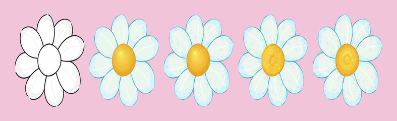 Five daisies with different coloring tests