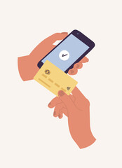 Vector illustration concept of mobile payment. Hand holding a mobile phone and card near the screen. Successful payment.