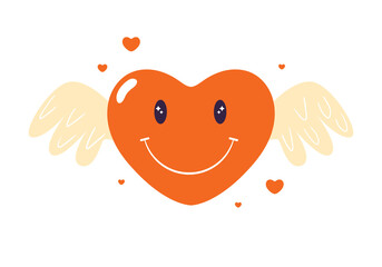 Abstract angel heart with wings element. Groovy love symbol with happy face. 70s, 80s, 90s vibes sticker. Cute vector illustration for design and print