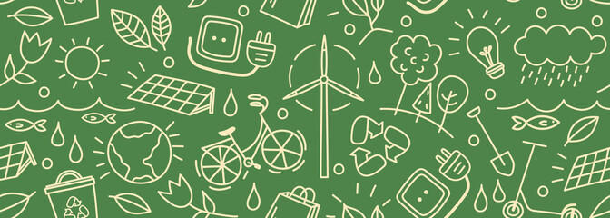 Seamless vector banner with outline eco icons. Background with hand drawn zero waste and recycle elements. Ecological sketch pattern. Save planet doodle silhouettes