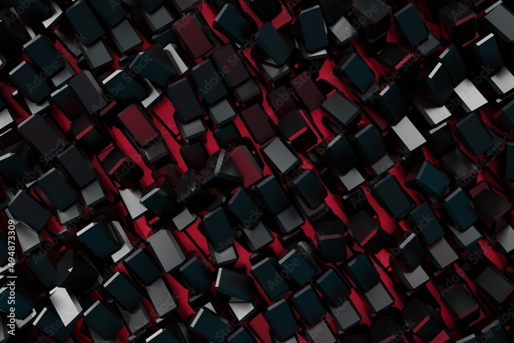 Poster abstract glowing black and red background of triangles and squares, 3d rendering