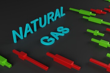 Natural gas textl on the chart of growth and fall with voluminous Japanese candlesticks on a dark background, the concept of gas volatility in the forex market, 3d rendering
