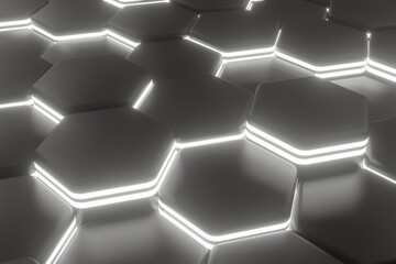 luminous hexagons, abstract background made of geometric shapes, black and white structure made of honeycombs, 3d rendering