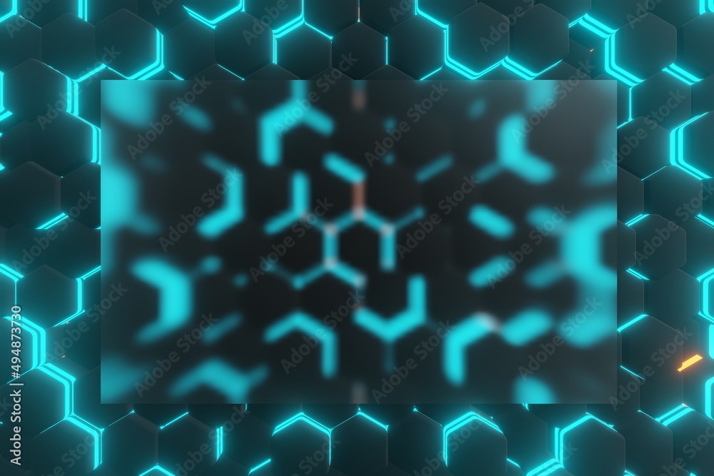 Poster luminous hexagons, abstract background made of blue geometric shapes, color structure made of honeyc