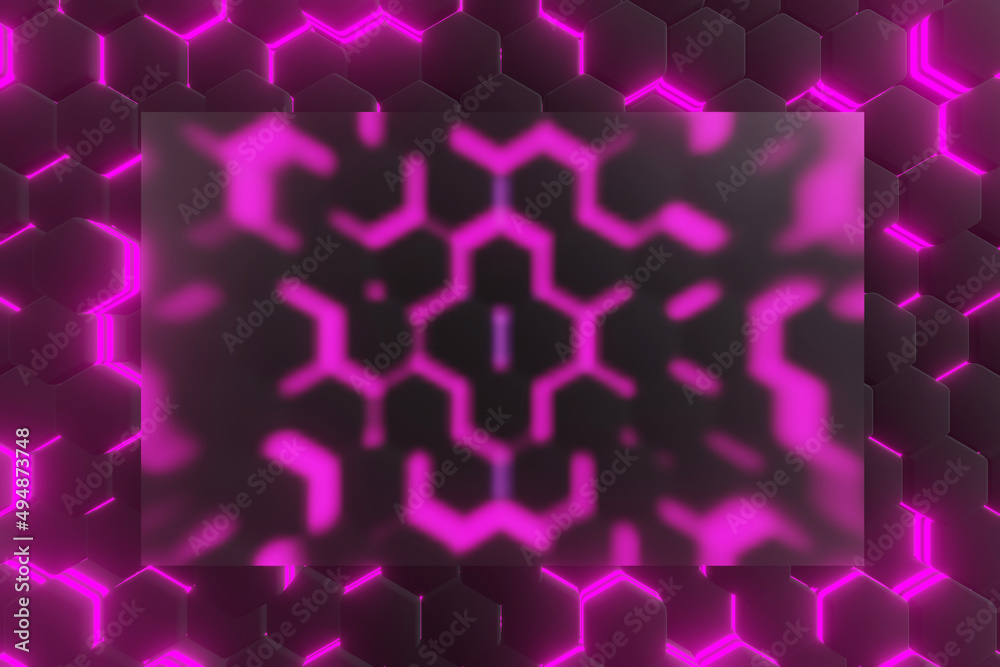 Poster luminous hexagons, abstract background made of purple geometric shapes, color structure made of hone