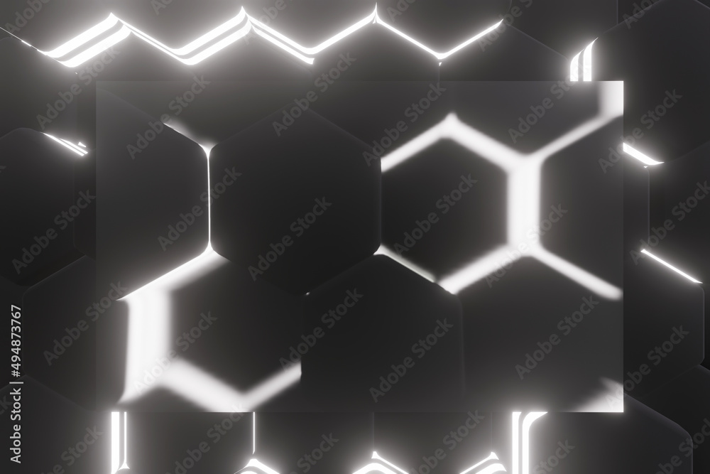 Poster luminous hexagons, abstract background made of geometric shapes, black and white structure made of h