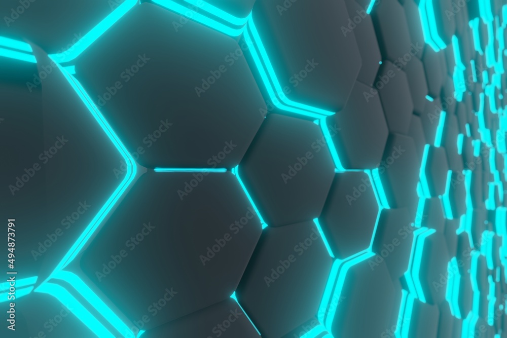 Poster blue hexagons, abstract background made of geometric shapes, structure made of honeycombs, 3d render