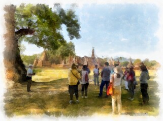 Obraz premium Landscape of ancient ruins in Sukhothai World Heritage Site Thailand watercolor style illustration impressionist painting.