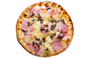 pizza with Mozzarella cheese, ham, mushrooms, onion. Italian pizza on white background