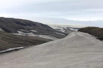 Dramatic and surreal lava and glacier landscape, concept: elements, power of nature, Earth formation (horizontal), Fimmvorduhals, Iceland