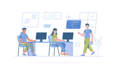 Programming language courses. Mobile app and computer software developing. Hi tech training concept. Cartoon modern flat vector illustration for banner, website design, landing page.