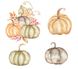 Watercolor pumpkins composition and separate clipart set. Hand painted pumpkins with florals isolated on white background. Autumn festival. Botanical illustration for design