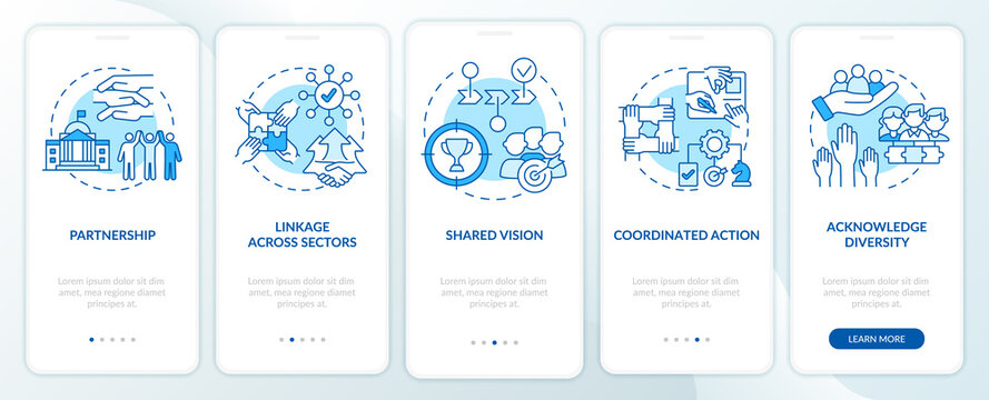 ILAP principles blue onboarding mobile app screen. Social planning walkthrough 5 steps graphic instructions pages with linear concepts. UI, UX, GUI template. Myriad Pro-Bold, Regular fonts used