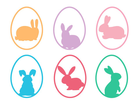 Easter colorful egg icons.Eggs with a bunnies.Easter line icon.Set of easter bunny icons.Easter egg shape with bunny.