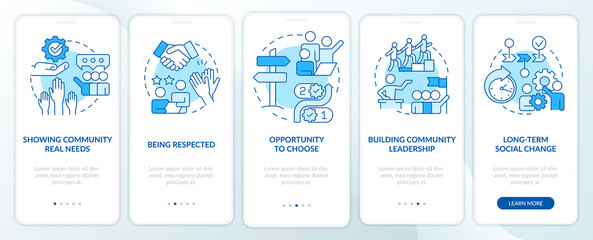 Participation reasons blue onboarding mobile app screen. Social planning walkthrough 5 steps graphic instructions pages with linear concepts. UI, UX, GUI template. Myriad Pro-Bold, Regular fonts used